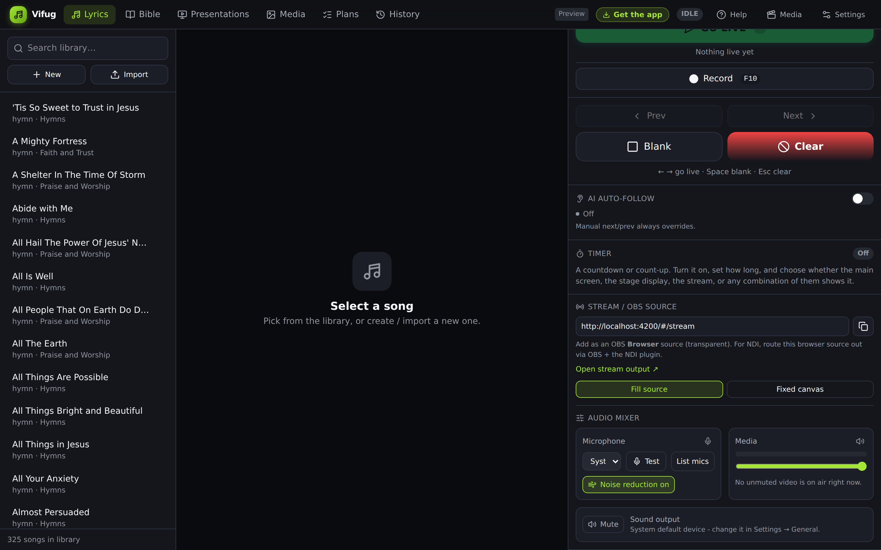 The Audio Mixer on the operator screen: microphone and media strips side by side, with a master Sound output mute below them