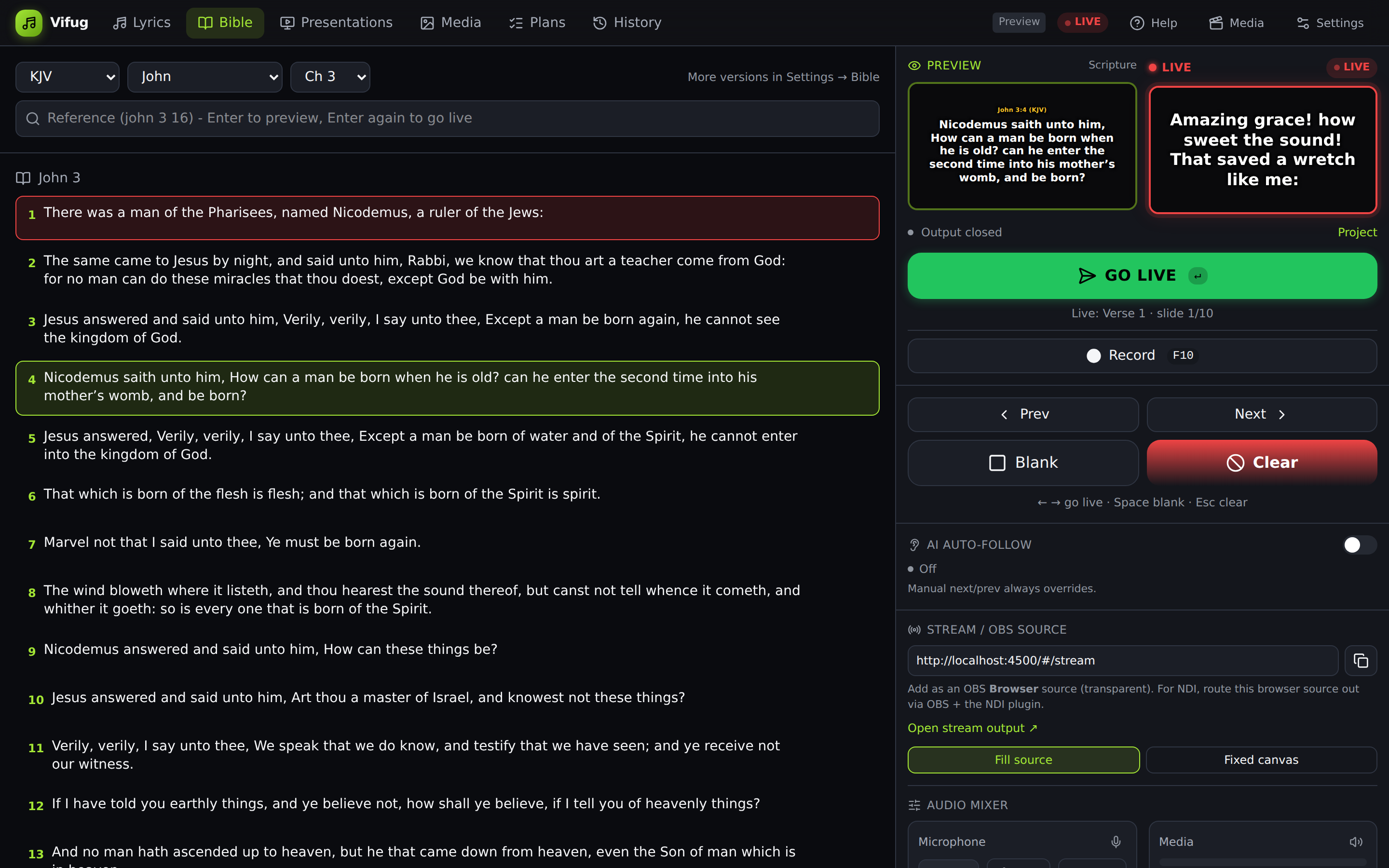 The Bible tab with John 3 open, one verse cued into Preview and the version, book and chapter pickers along the top