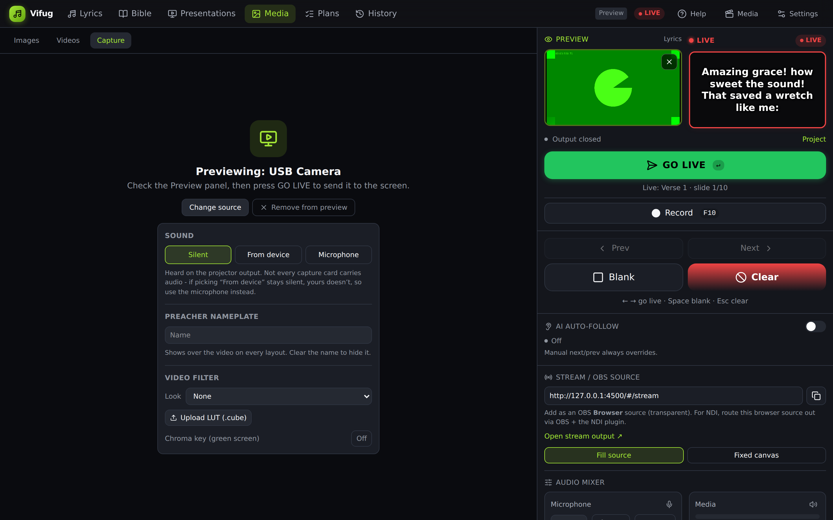 The Capture section of the Media tab with a source cued into preview