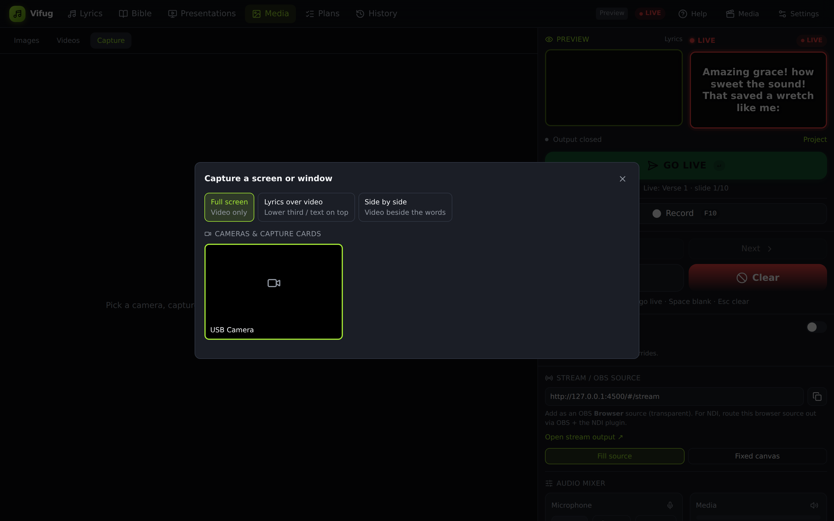 The capture picker showing layout buttons and a list of cameras and capture cards