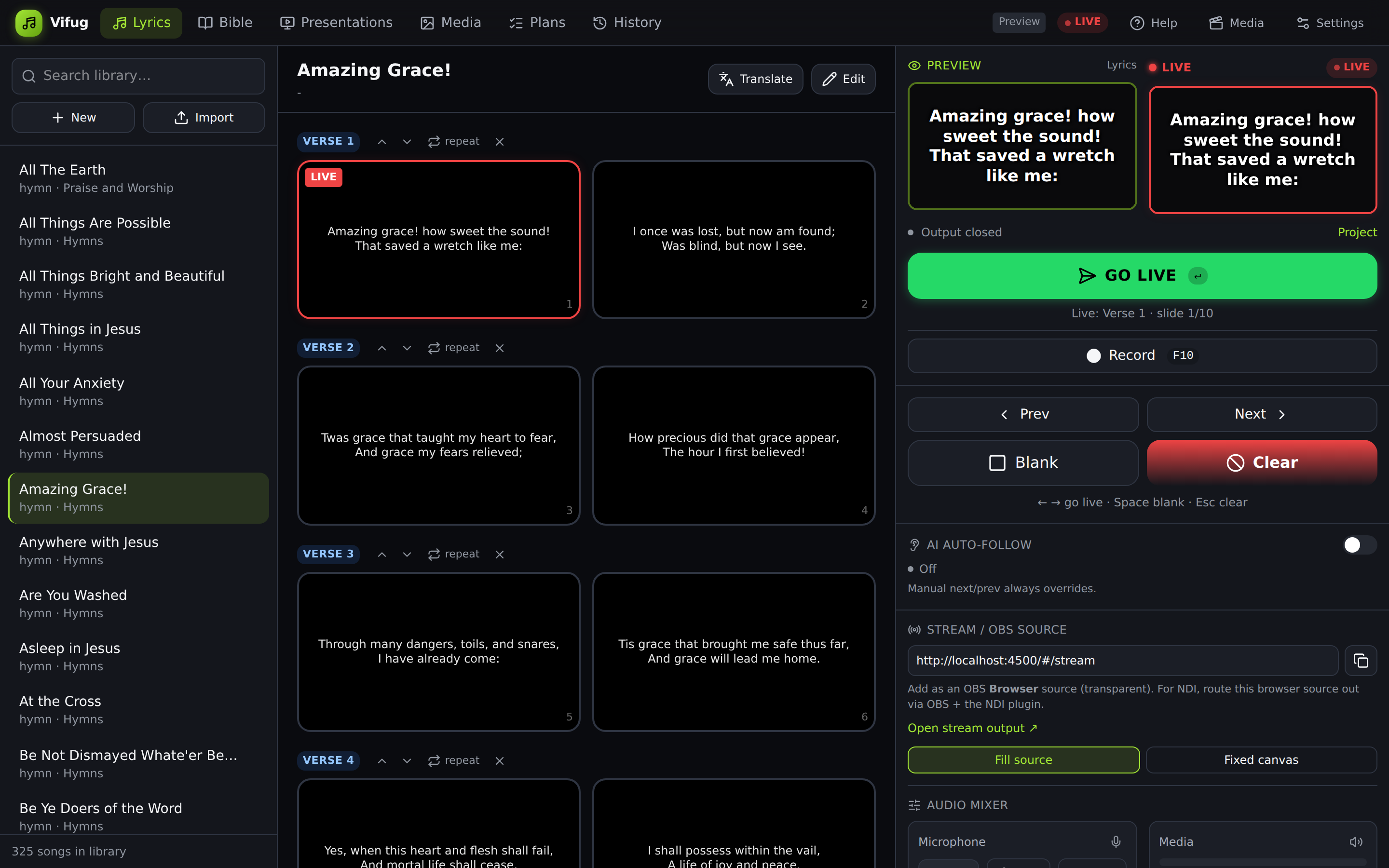 The Vifug operator window: song library on the left, preview and live panels on the right
