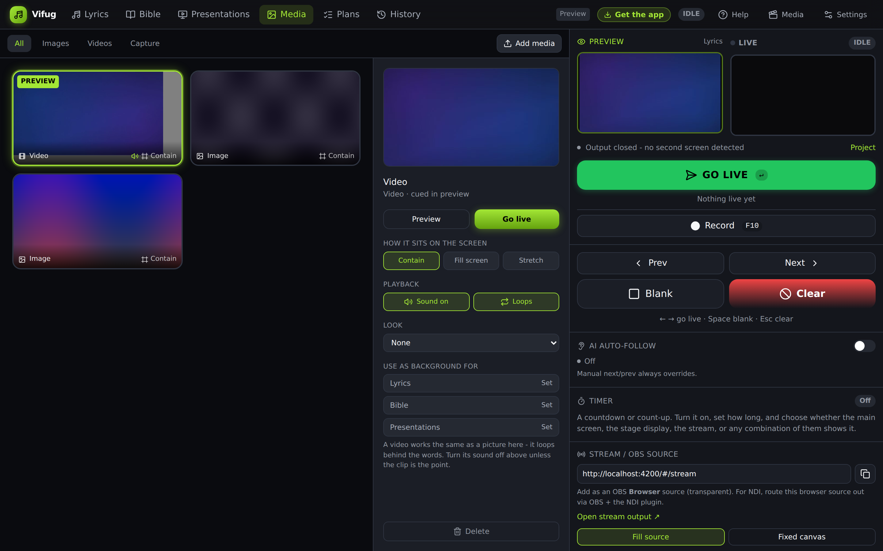 The Media tab: a grid of images and videos on the left, and a properties panel on the right showing fit, playback, look and background controls for the selected video