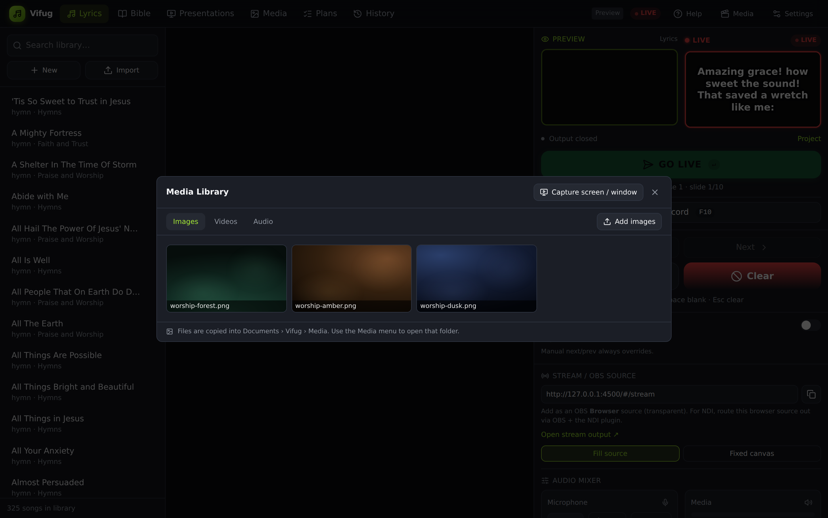 The media library with tabs for images, videos and audio