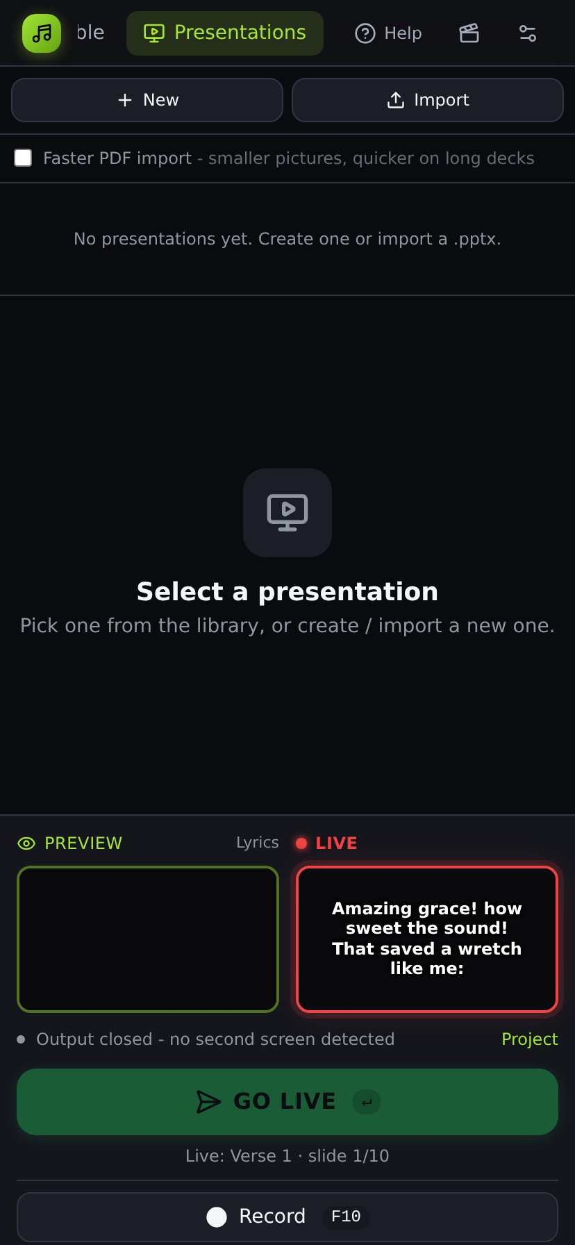 The operator page on a phone: the mode tabs scrolled to Presentations, New and Import buttons, and the Preview and Live panels stacked below