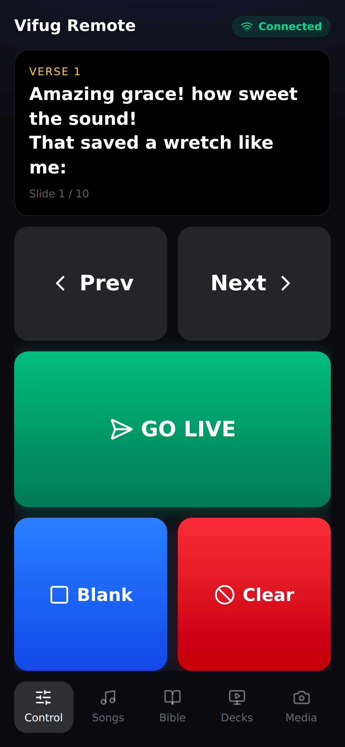 The phone remote showing the live verse, Prev and Next, GO LIVE, Blank and Clear, with tabs for Songs, Bible, Decks and Media