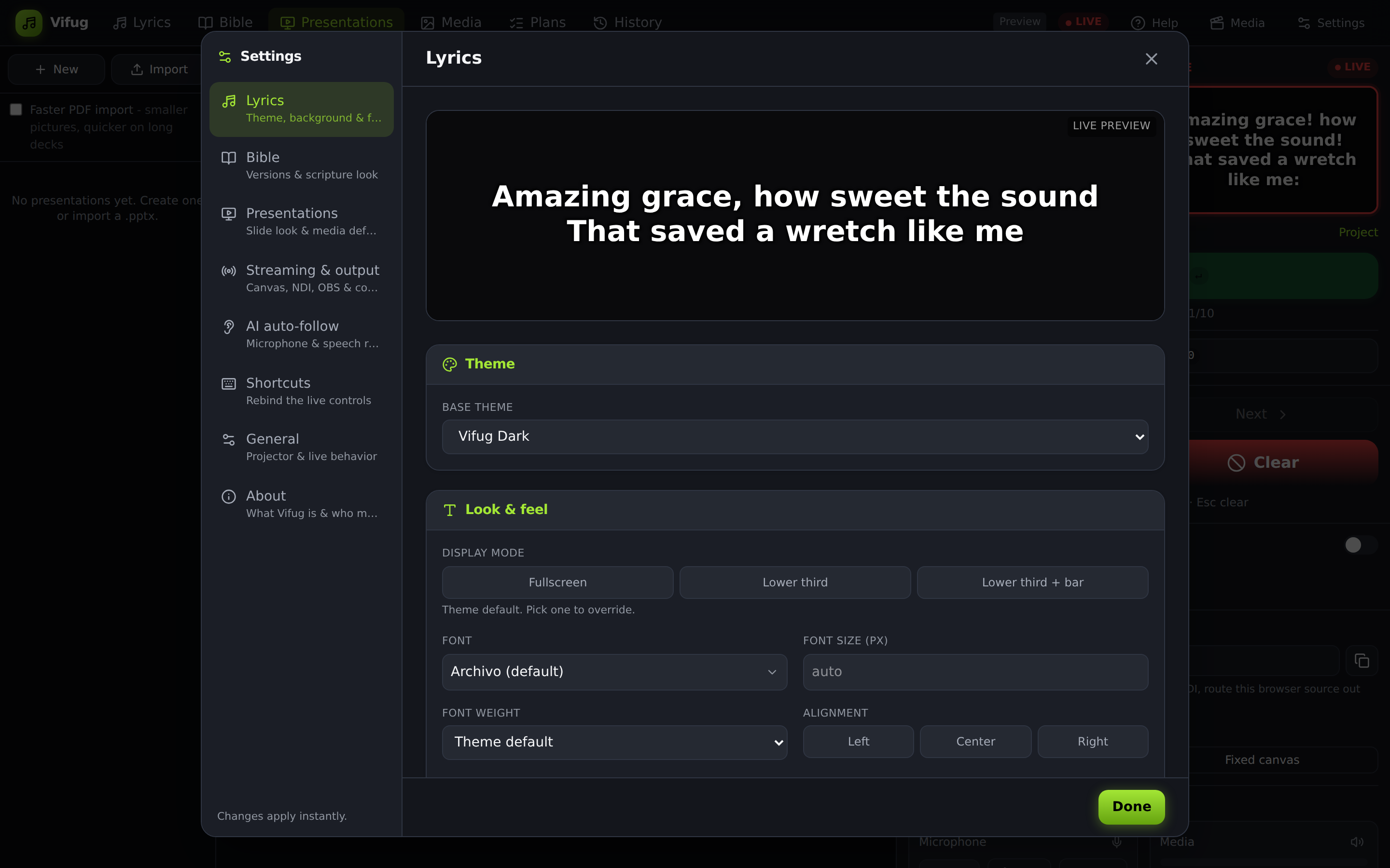 Settings on the Lyrics page: a live preview of the words above Theme and Look & feel controls for display mode, font, size, weight and alignment