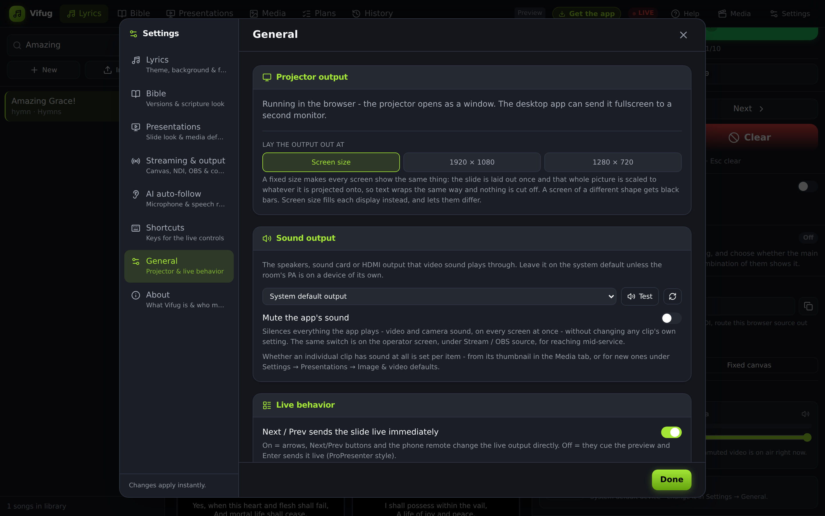 Settings, General page: a Sound output panel with a device list, a Test button and a switch to mute the app's sound