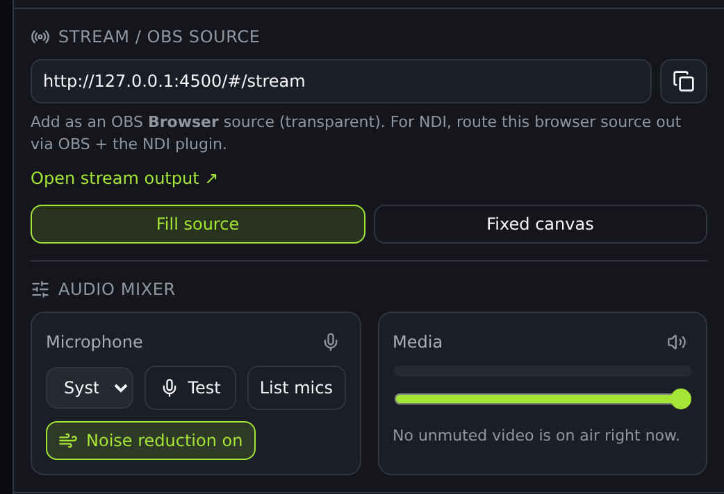 The Audio Mixer with a Microphone channel and a Media channel, each with its own mute button