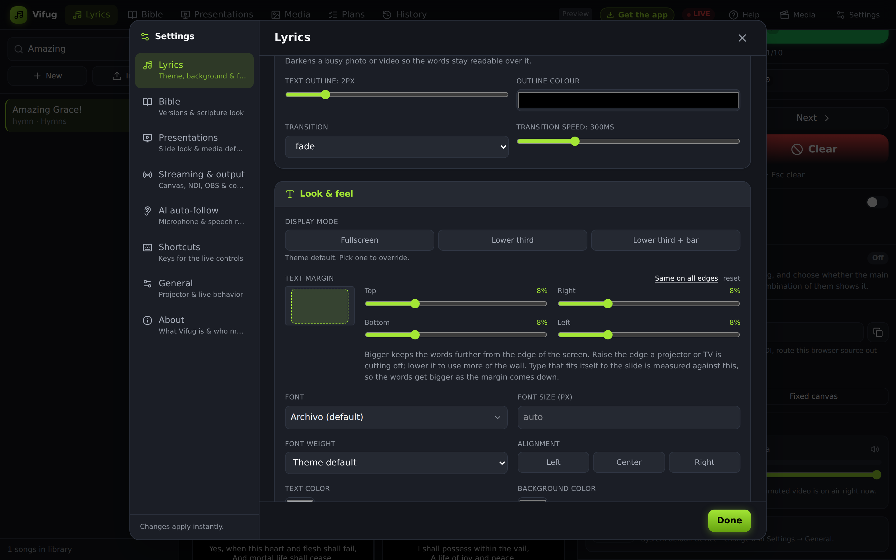 The Text margin control in Settings: a diagram of the screen beside Top, Right, Bottom and Left sliders